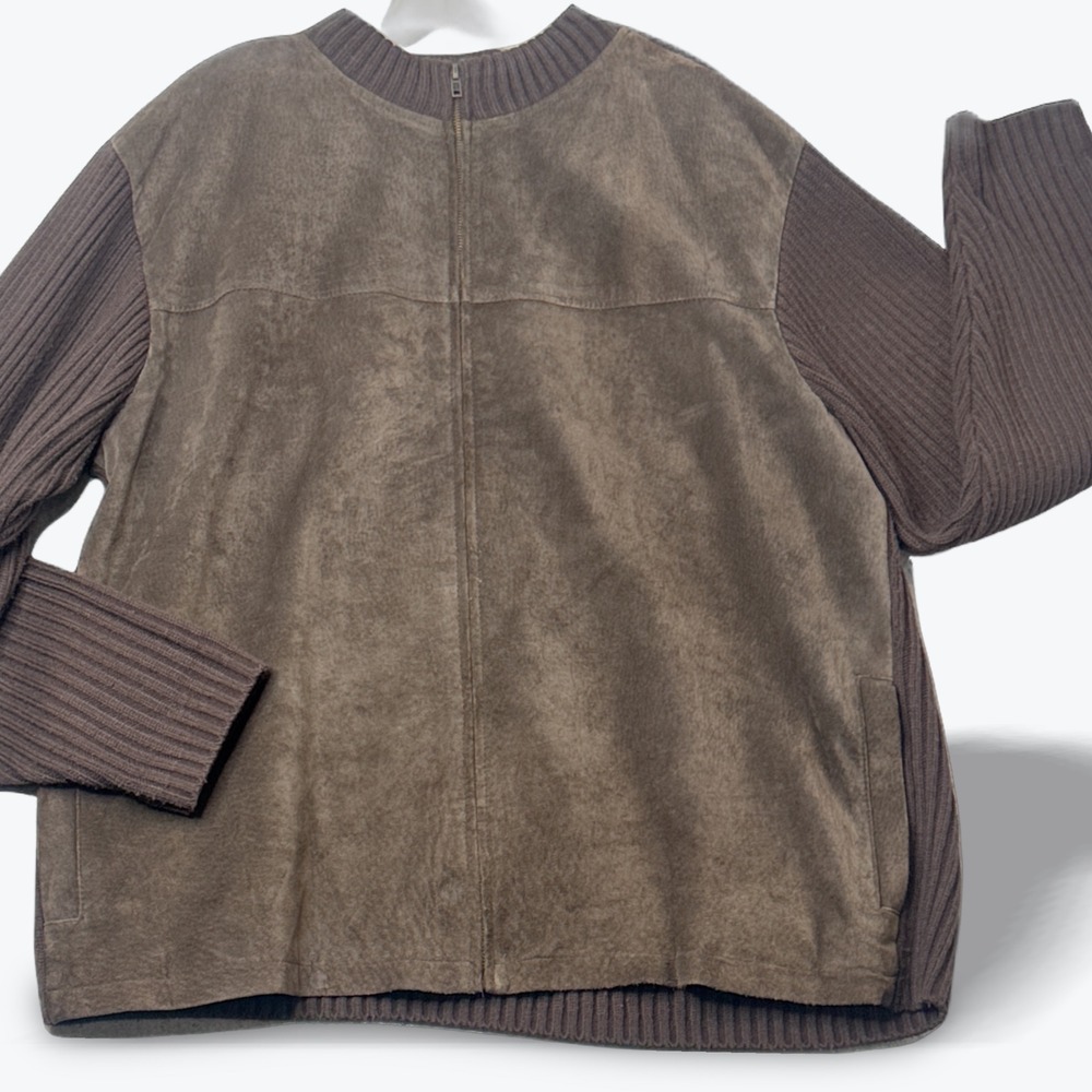 Laurentino Zip Up Cardigan Jacket Suede Front Knit Sleeve Brown Mens XL‎
